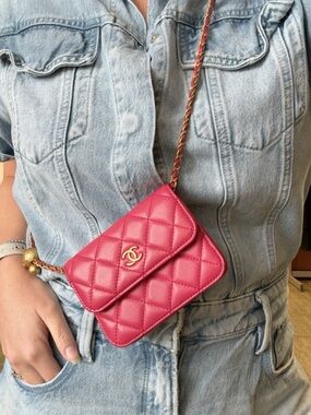 CHANEL Pink Quilted card wallet on chain lambskin